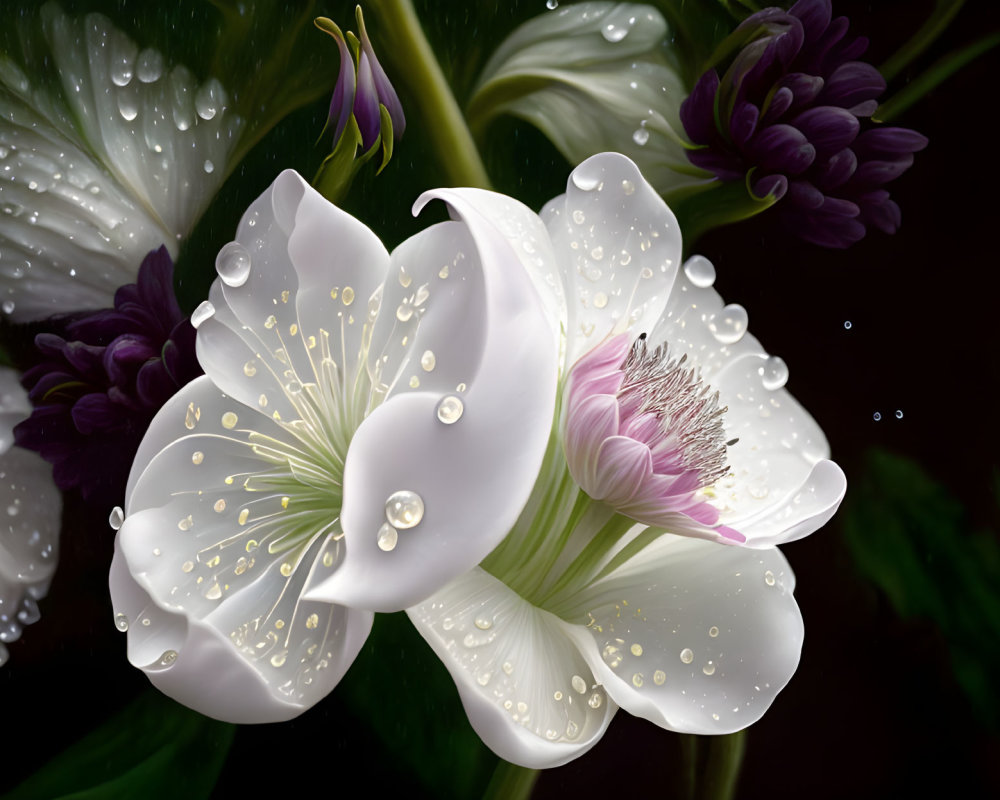 White Blossoms with Dewdrops Surrounded by Lush Greenery and Purple Flowers