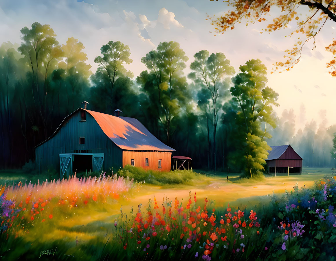 Rustic barns in vibrant meadow at sunrise over serene forest landscape