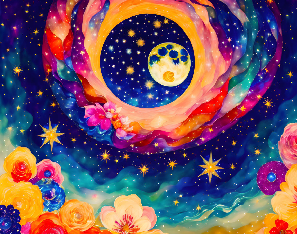 Colorful Galaxy Painting with Moon and Flowers