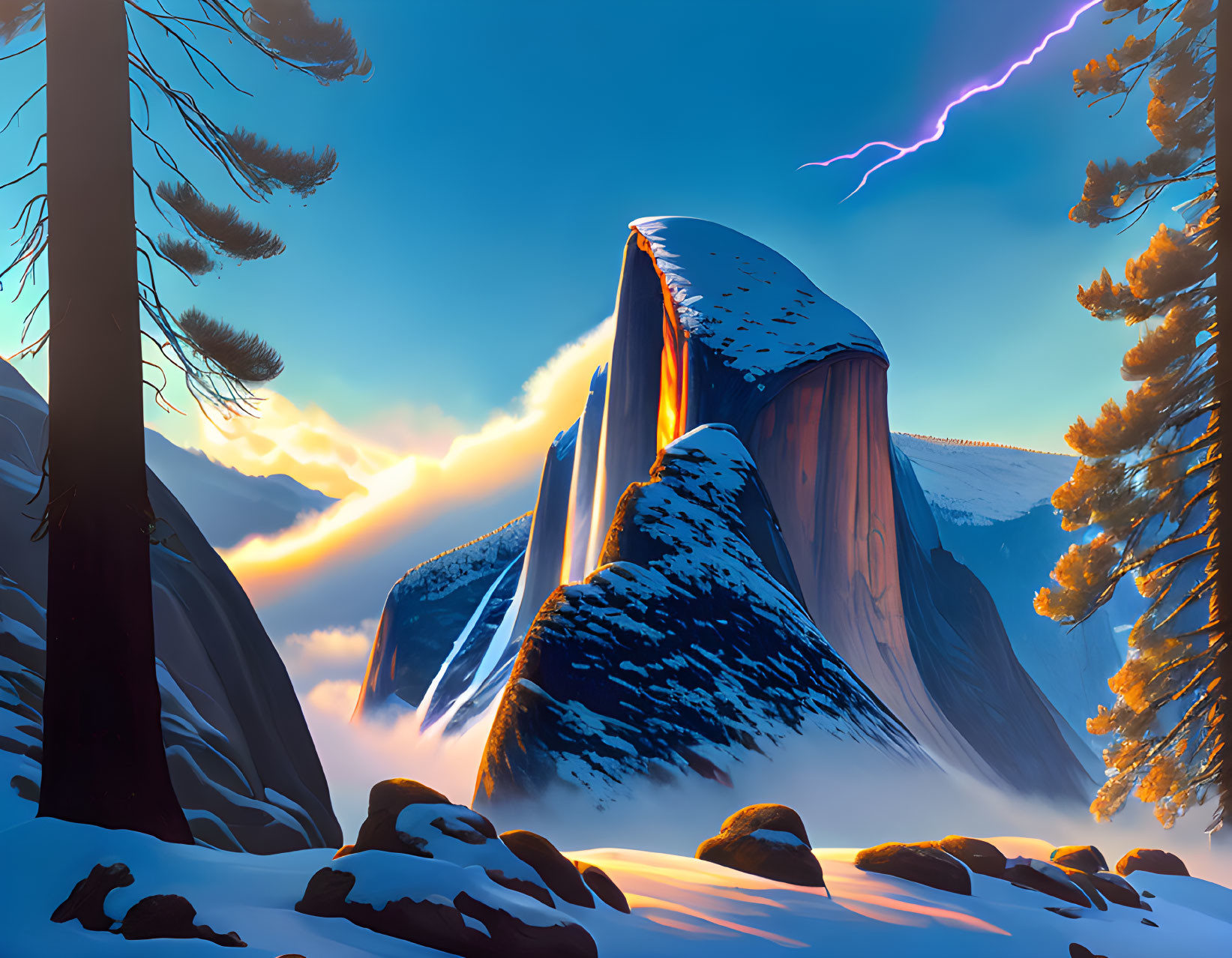 Snow-covered cliffs at sunrise with lightning strike in animated winter landscape