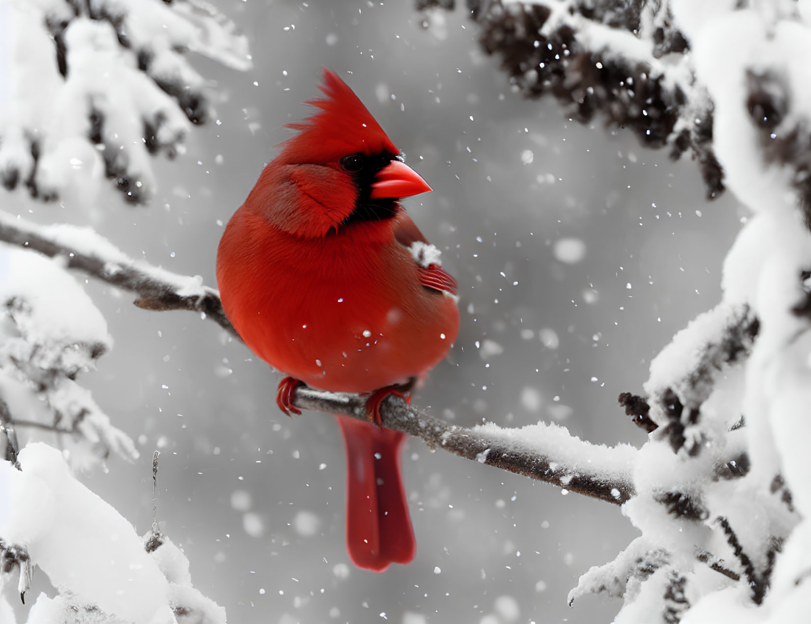 Red cardinal on snowy branch with falling snowflakes