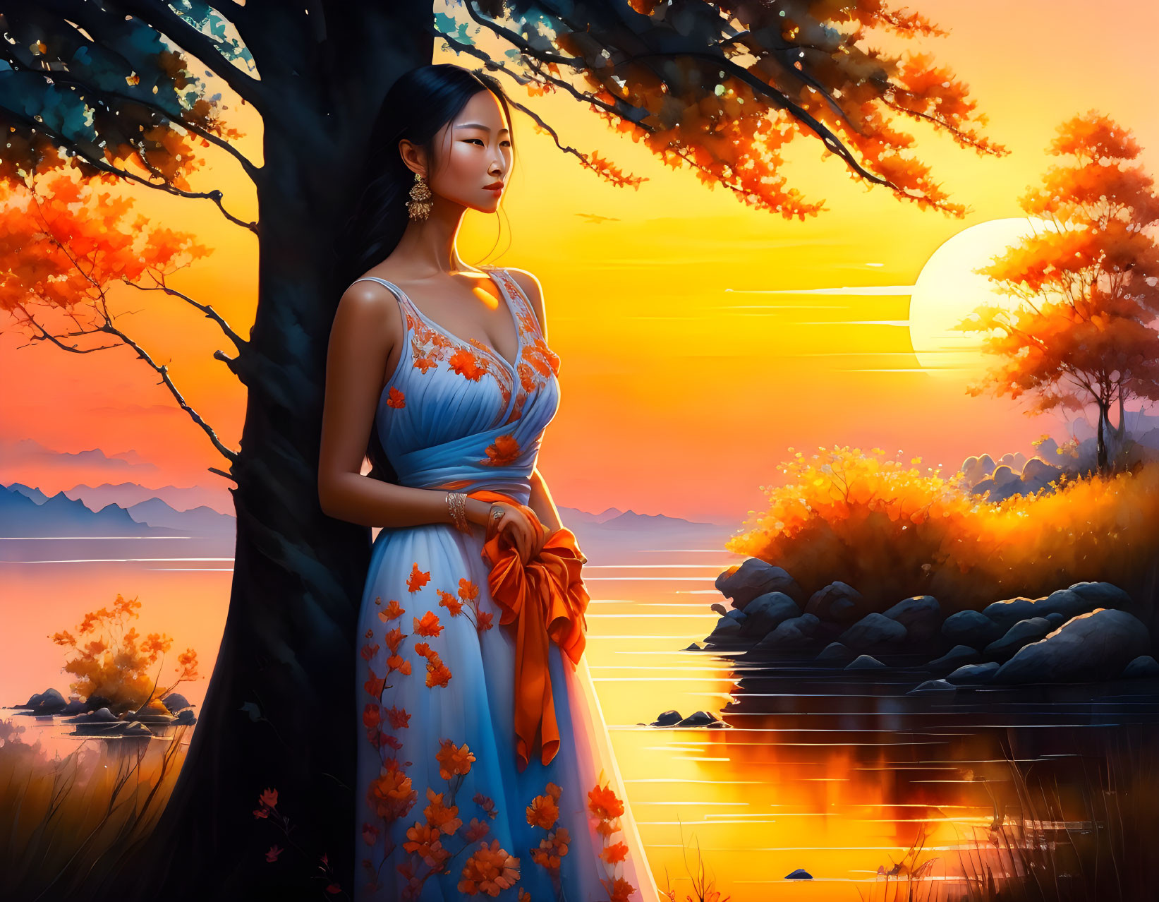 Woman in floral dress by lake at sunset with trees and mountains in background