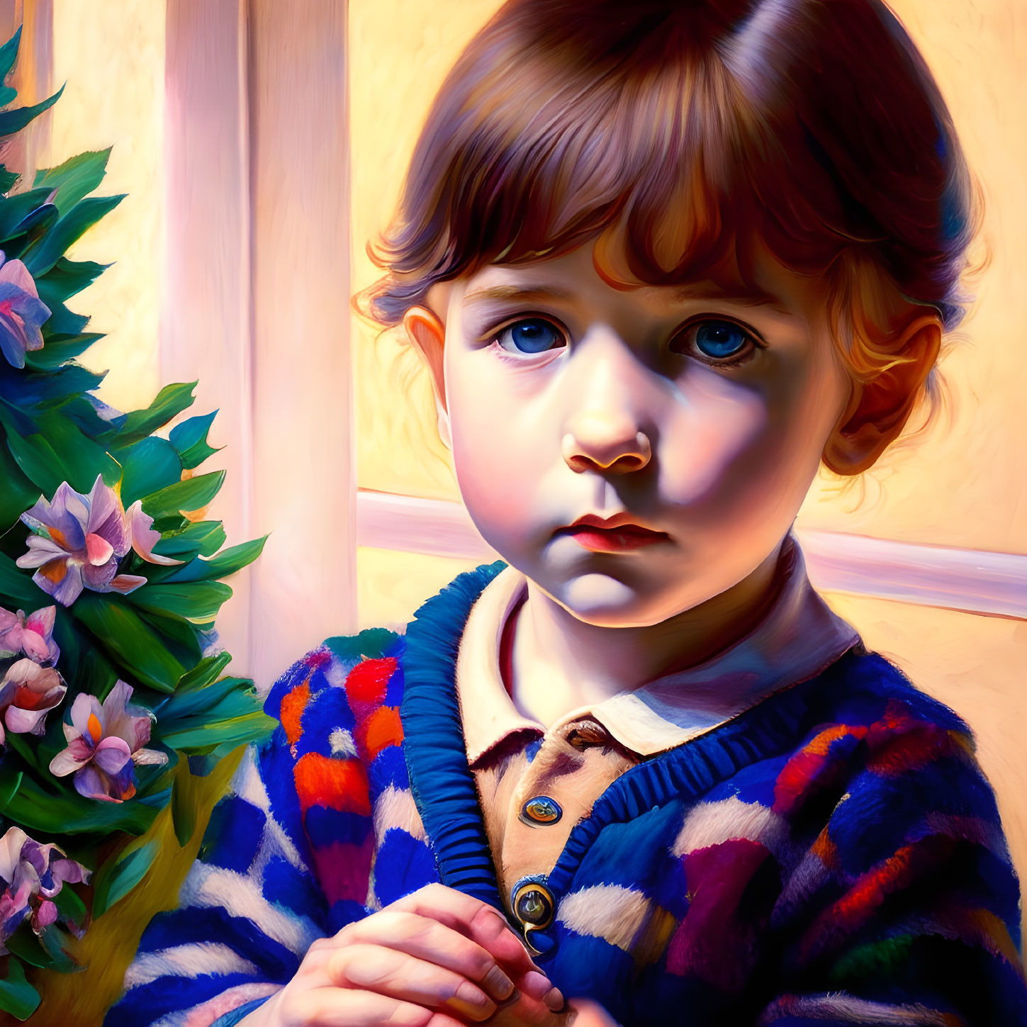 Portrait of young child with blue eyes and brown hair in striped sweater beside pink flower plant.