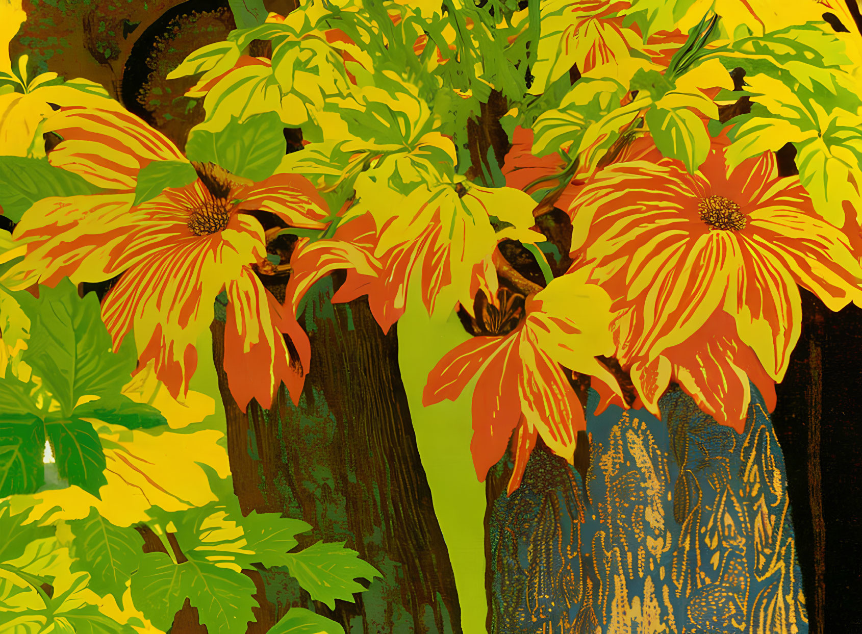 Colorful Digital Art: Yellow and Orange Flowers on Textured Background