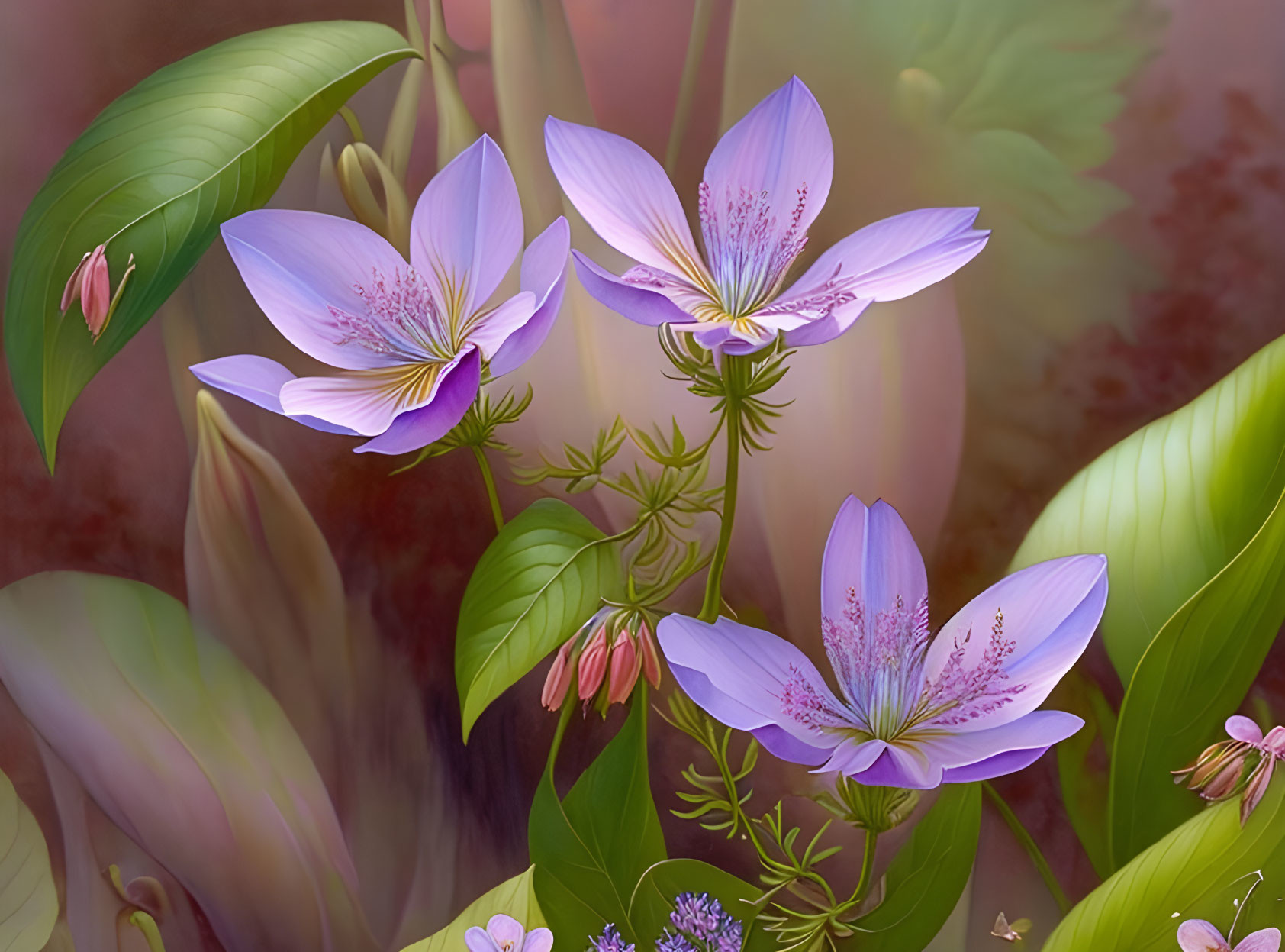 Three delicate purple flowers with detailed veins and stamens amidst green foliage on a soft, dreamy