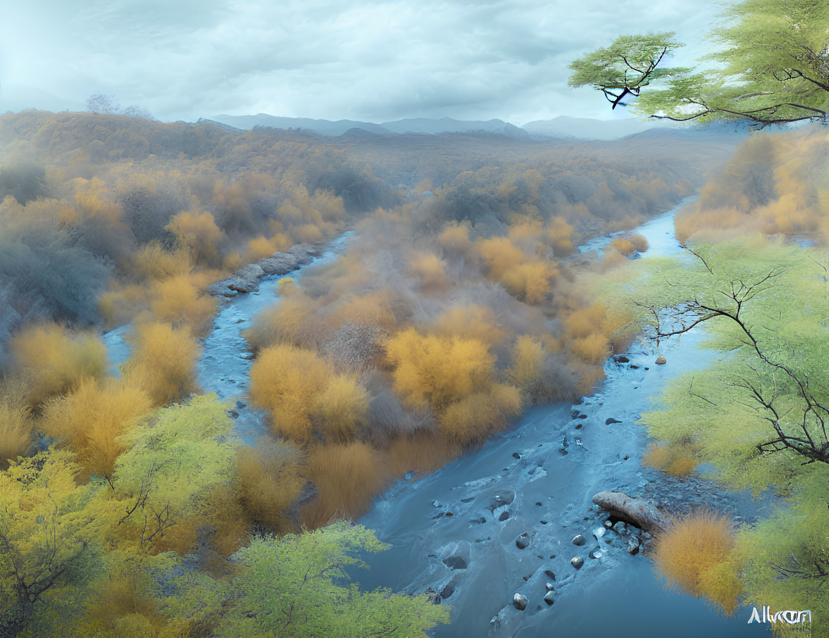 Tranquil landscape: meandering river, golden trees, blue sky, distant mountains