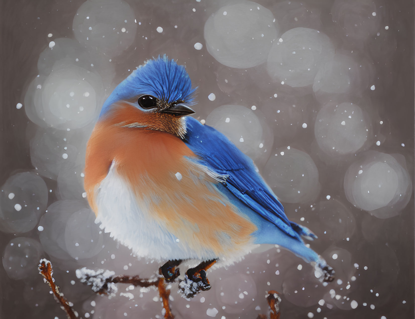 Colorful Bird on Twig with Snowflakes and Bokeh Background