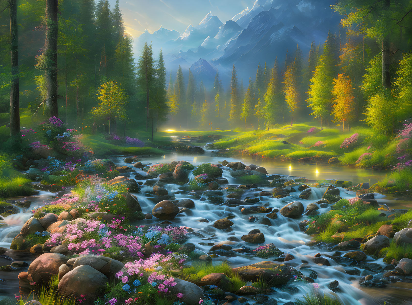 Tranquil forest scene with babbling brook and colorful foliage