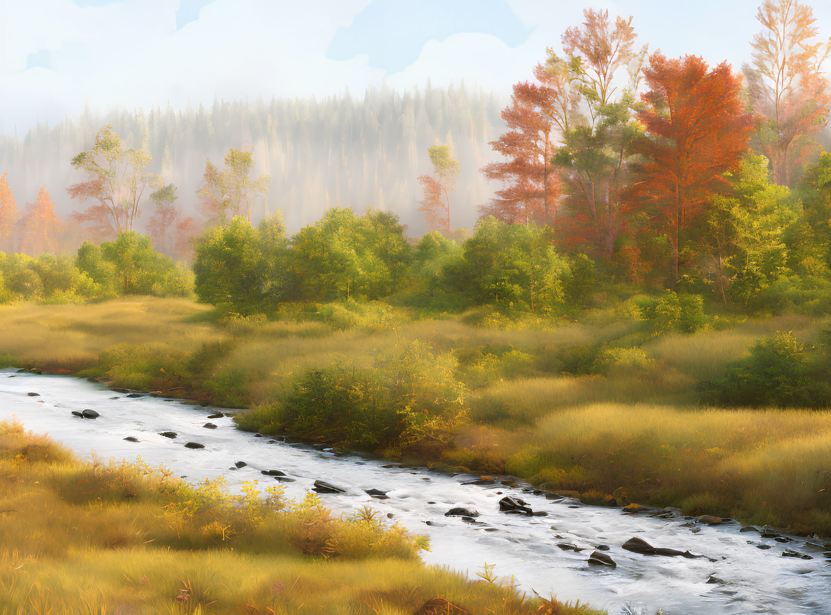 Tranquil autumn forest scene with babbling brook