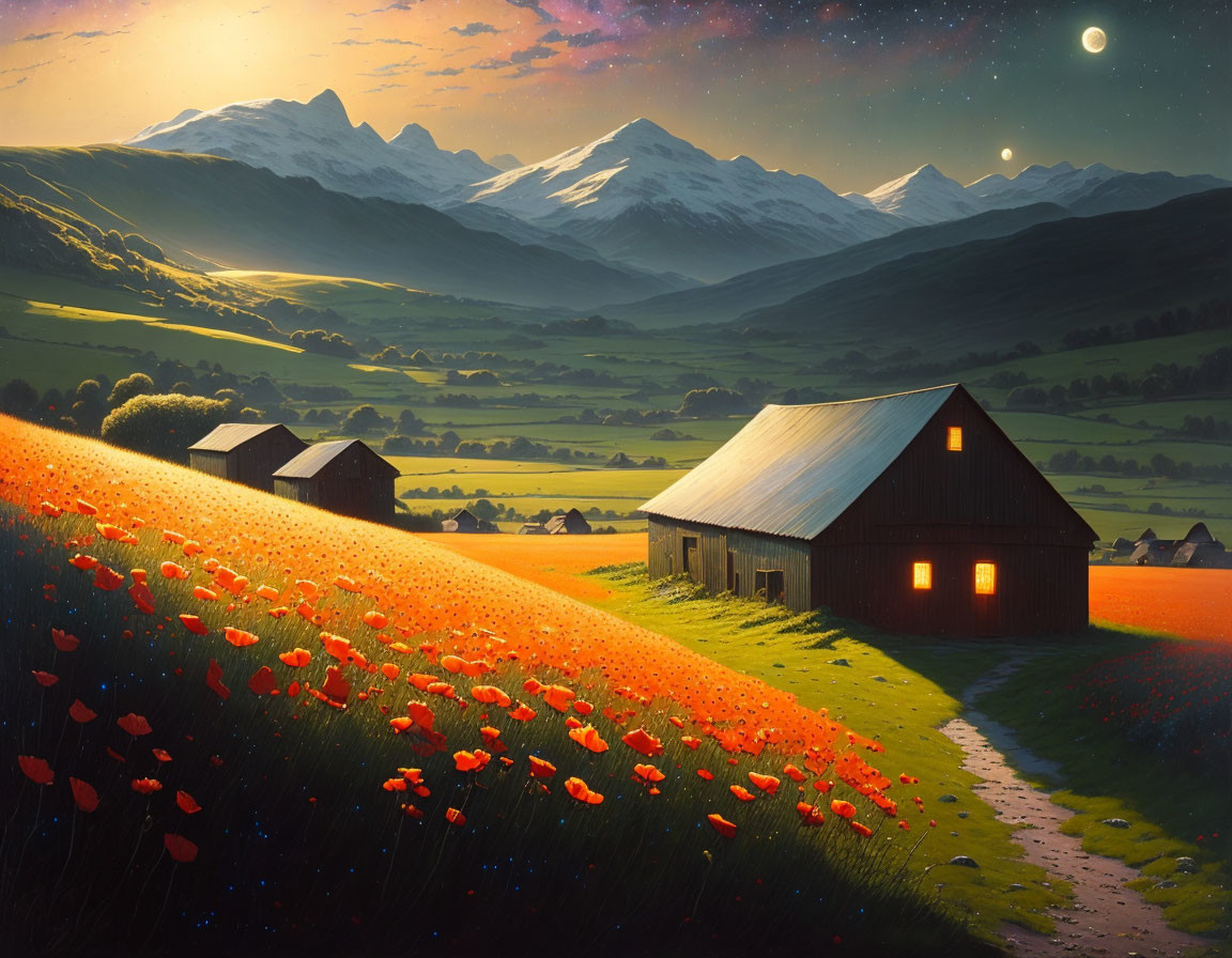 Tranquil countryside scene with barn, poppies, mountains, and crescent moon