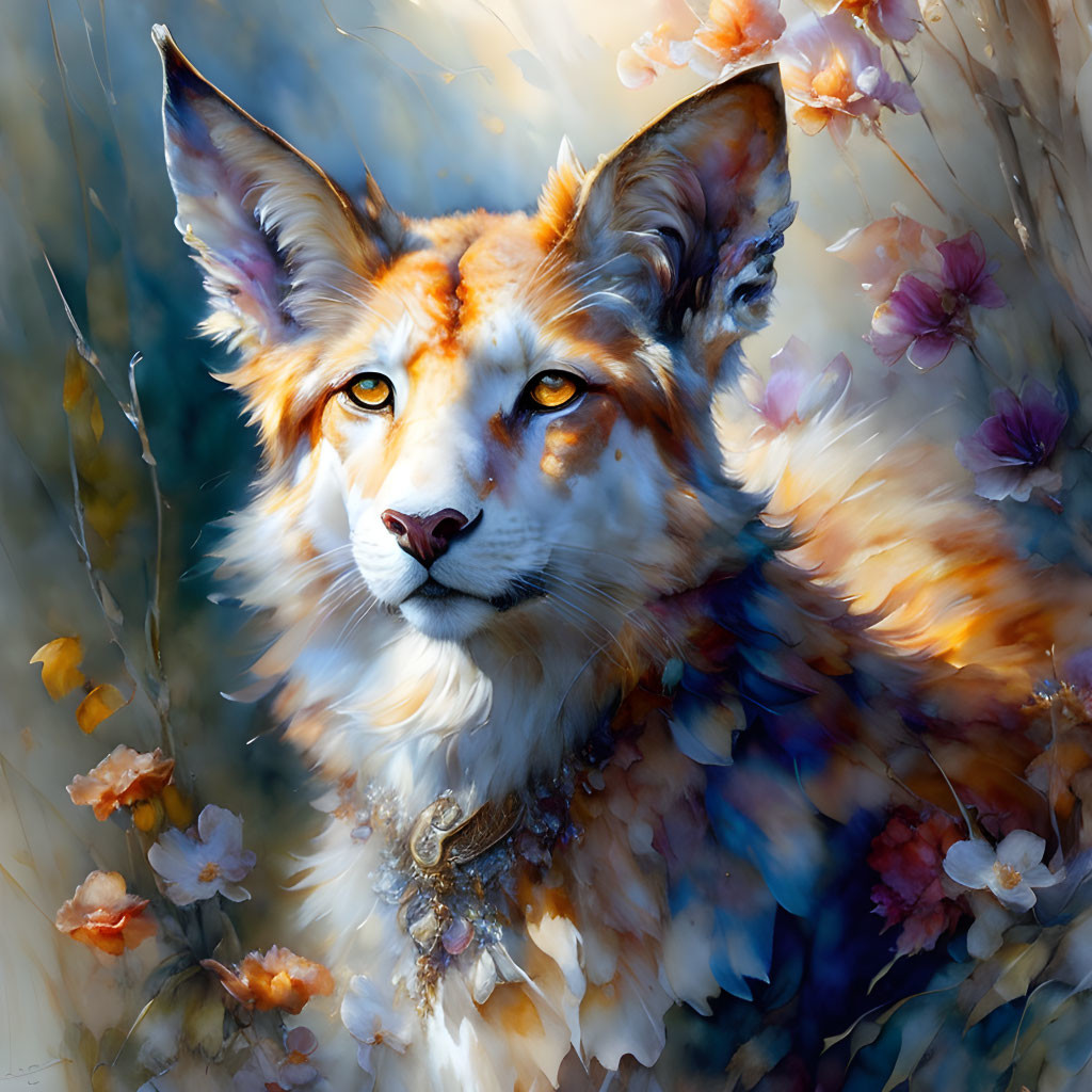 Fantasy-inspired painting of majestic fox with elongated ears and vibrant fur surrounded by colorful flowers