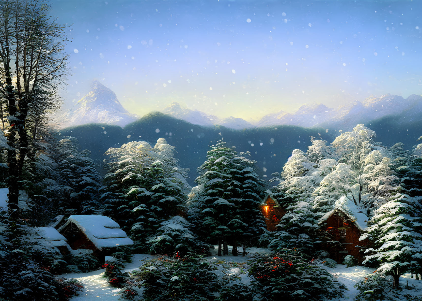 Winter Twilight Scene: Snowy Landscape, Cabin, Trees, and Mountains