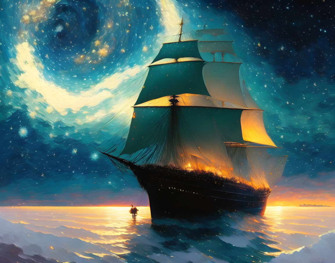 Majestic ship sailing on cosmic sea under starry sky with spiral galaxy, person watching.