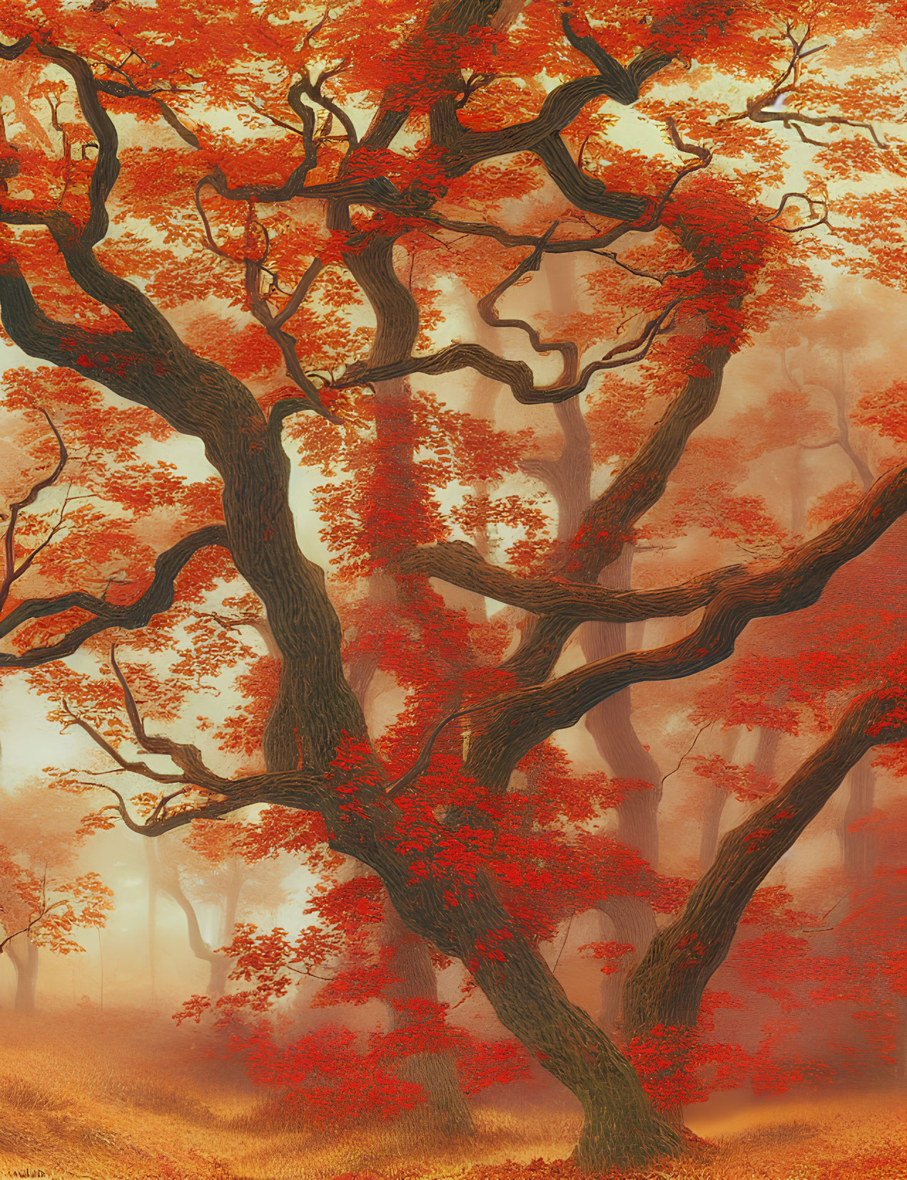 Majestic autumn forest scene with towering red-leaved tree