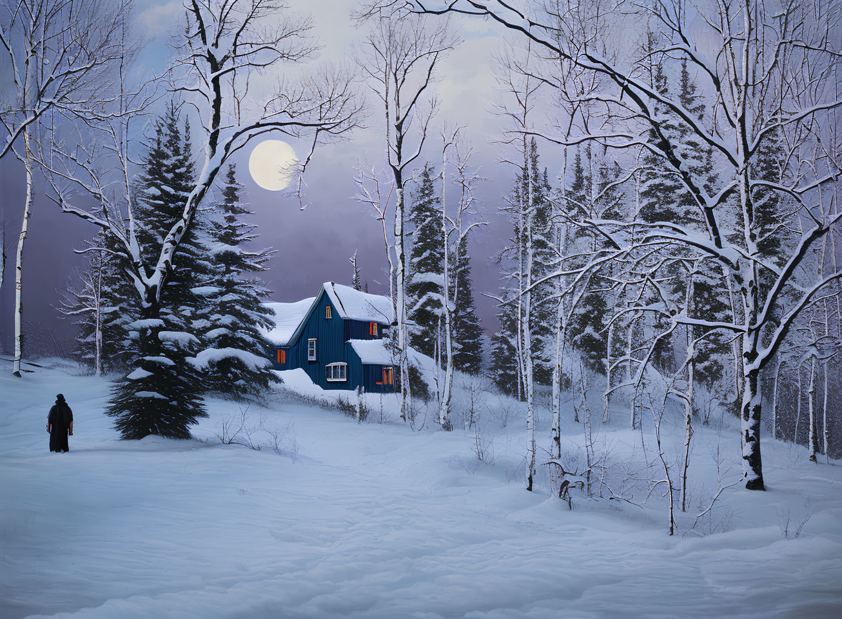 Figure in snowy twilight landscape with blue house, birch trees, and full moon.