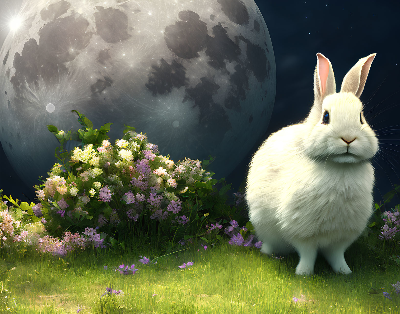 White rabbit in lush meadow under detailed moon with flowers & stars