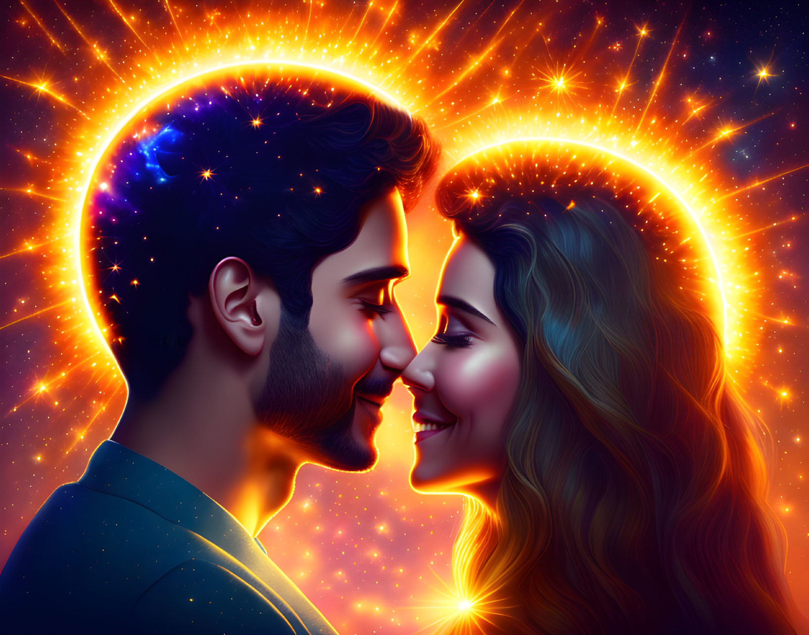 Man and woman with star-filled halos in cosmic digital art