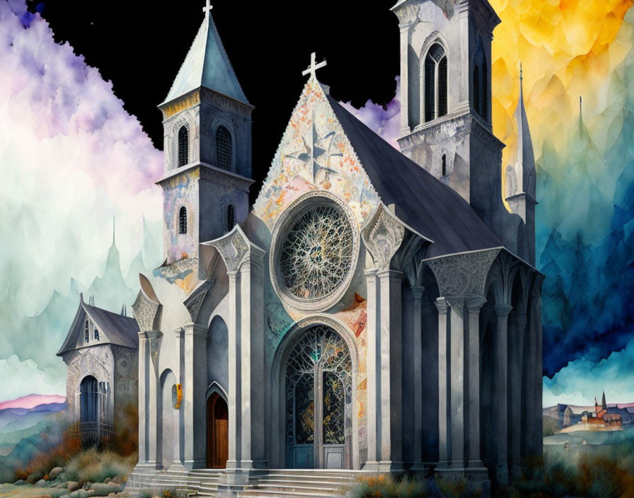 Detailed Gothic architecture in cathedral artwork with colorful abstract shapes.