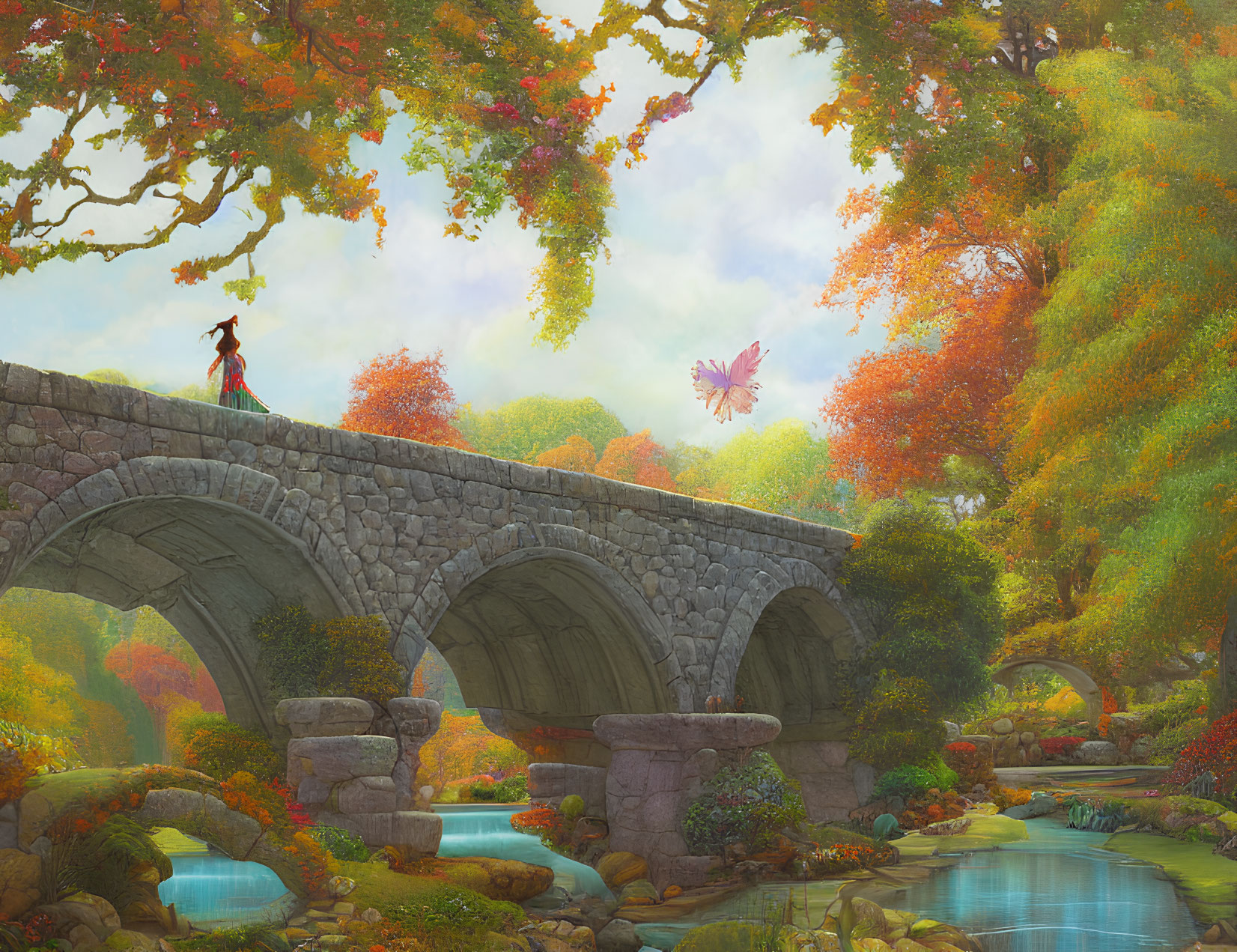 Vibrant autumn landscape with person on stone bridge, serene river, colorful trees, and large butterfly