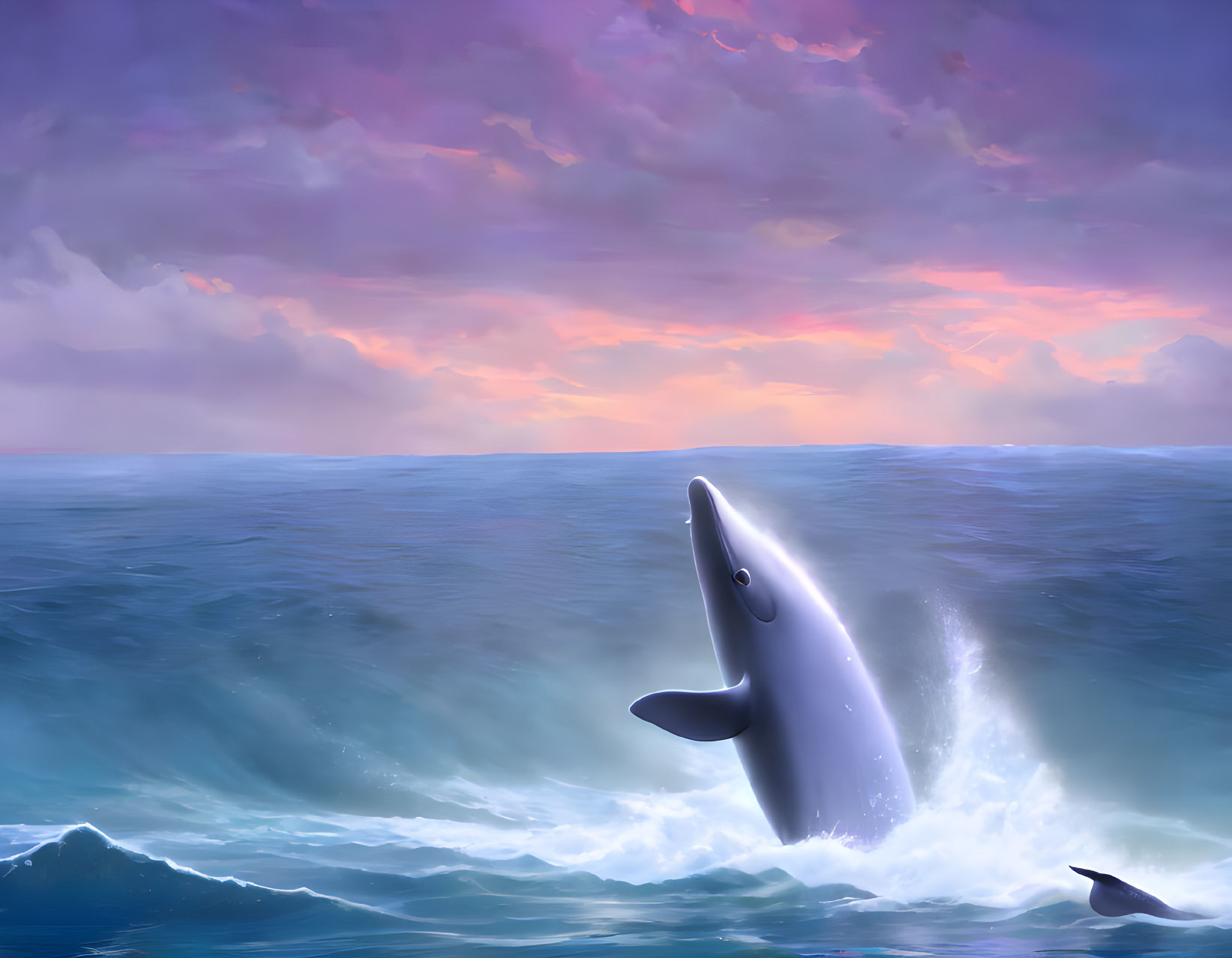 Whale breaching in serene ocean at sunset with purple and pink sky hues