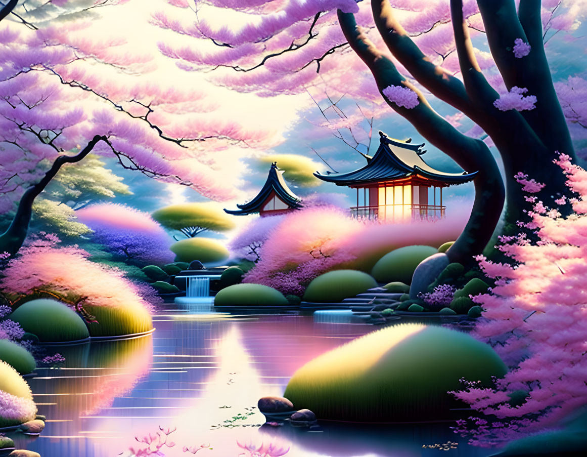 Serene Japanese garden with cherry blossoms and pavilions