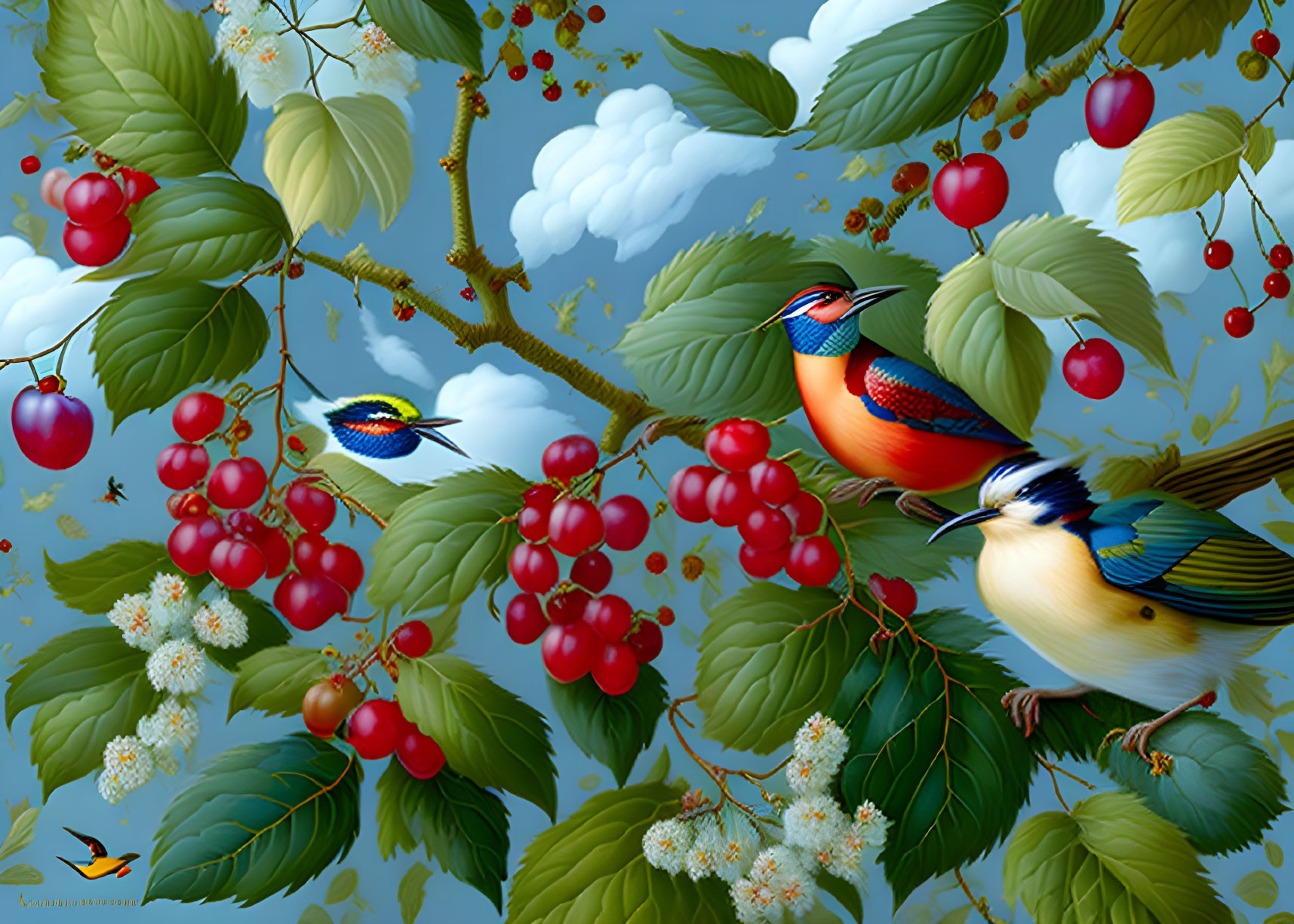 Colorful Birds on Branches with Red Cherries and Green Leaves Against Blue Sky