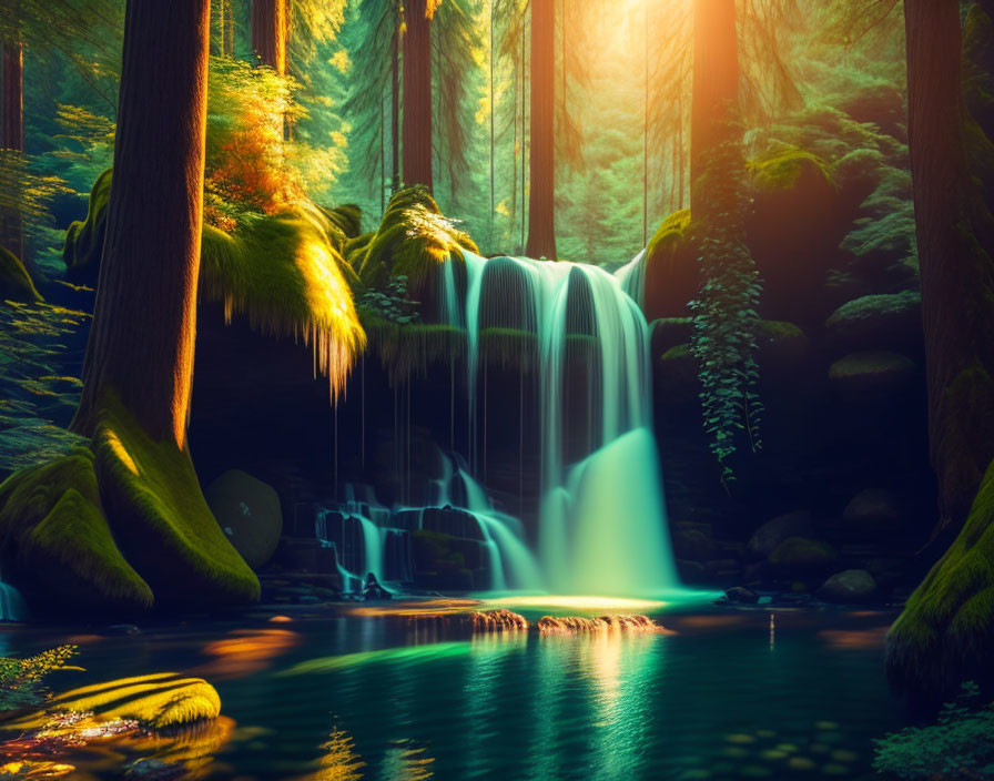 Tranquil waterfall in lush forest with sunlight filtering through trees