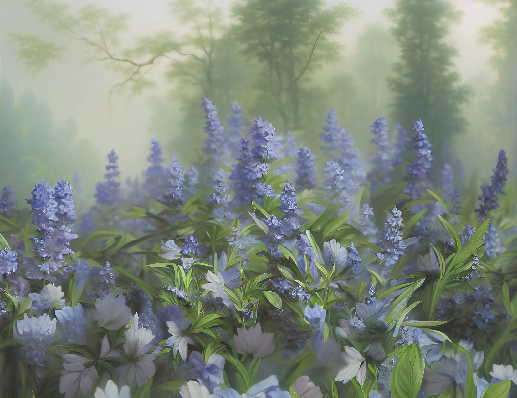 Tranquil lavender and white flower field with misty forest backdrop