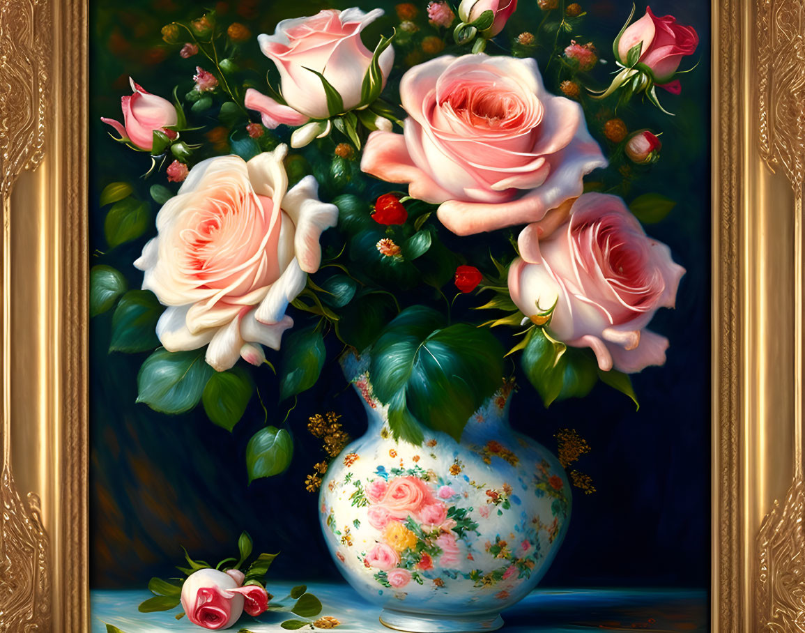 Classical painting: Blooming roses in pink and white in ornate vase