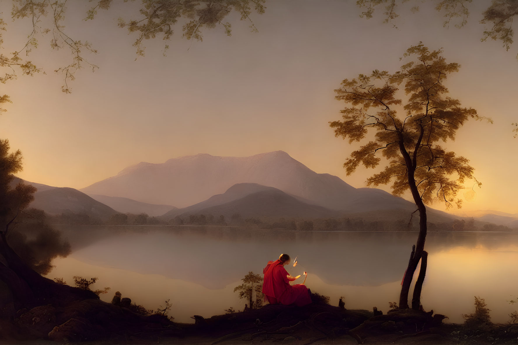 Tranquil Twilight Landscape with Figure in Red Cloak by Calm Lake