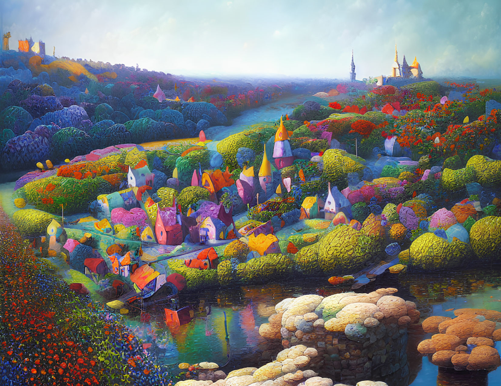 Colorful cottages, lush greenery, river, castles, and bright sky in a vibrant