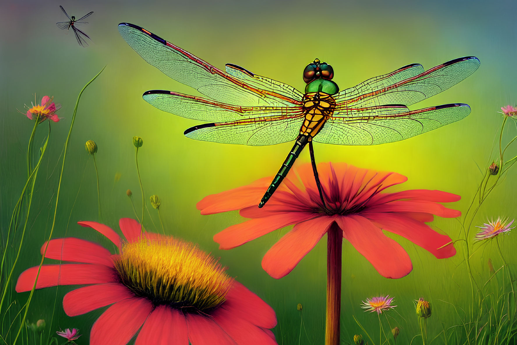 Colorful Dragonfly Resting on Pink Flower with Blurred Green Background