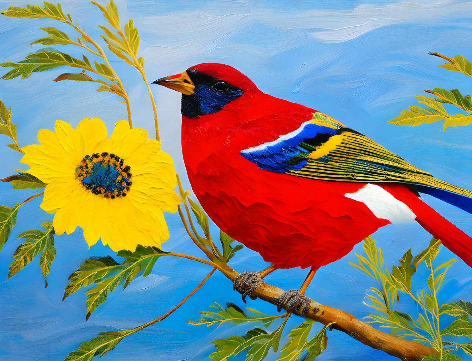 Colorful painting of red cardinal, sunflower, and leaves on blue background