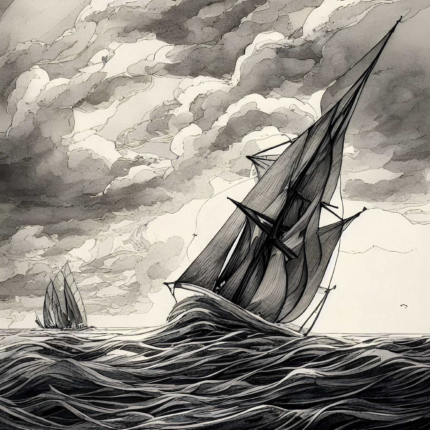 Monochrome Ink Drawing of Sailboats on Turbulent Waves