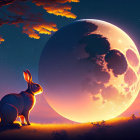 Rabbit gazing at large moon with skull-like pattern in twilight scene