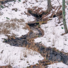 Snow-covered landscape with meandering stream and red-leafed bushes