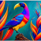 Colorful Bird Illustration with Large Beak and Tropical Foliage