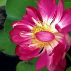 Vibrant digital art: Large pink lotus flower with detailed petals and green lily pads on