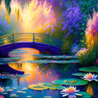 Colorful painting: wooden bridge over pond with water lilies, lush flora, purple sunset sky