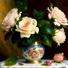 Pale pink roses in blue vase on white surface