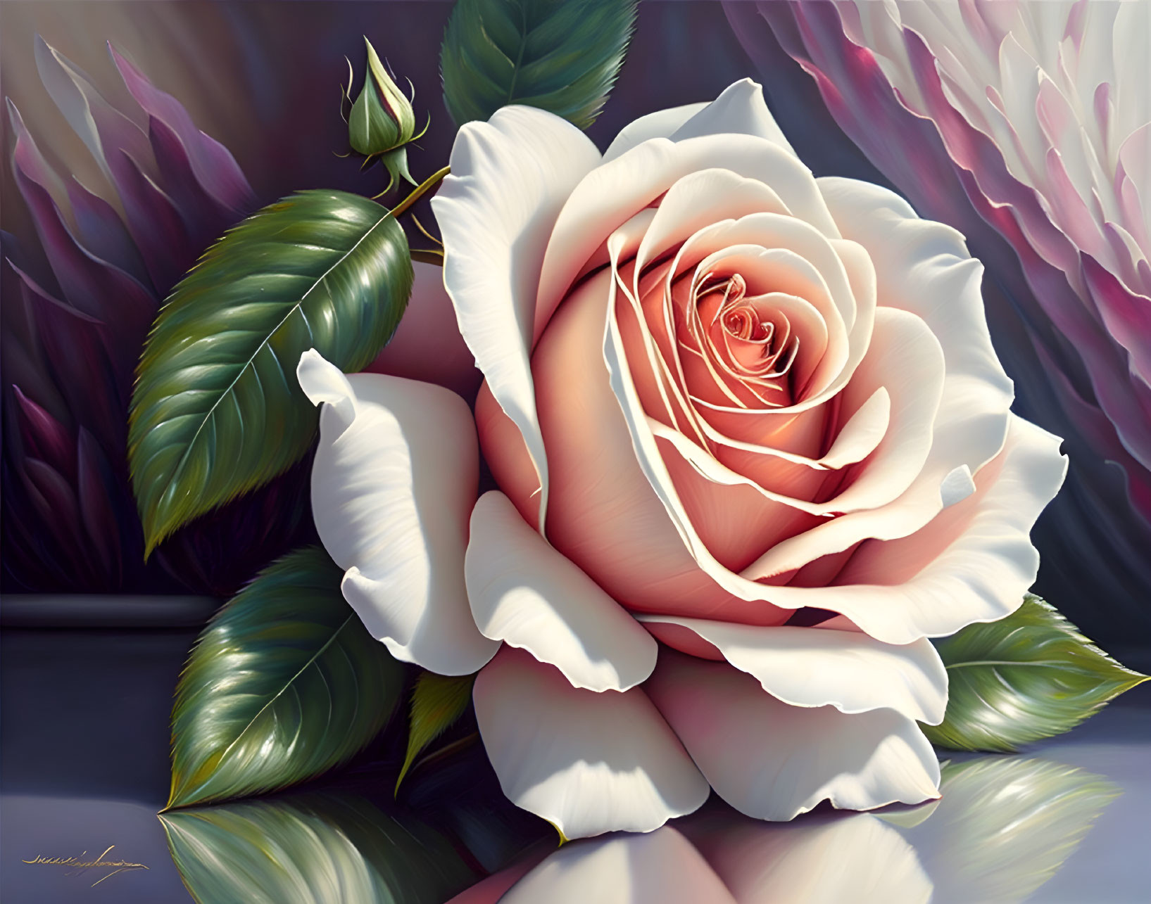 Detailed pinkish-white rose illustration on soft-focus purple background