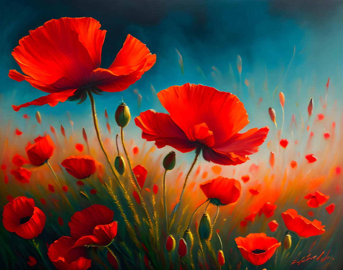 Blooming red poppies against moody blue sky and green foliage