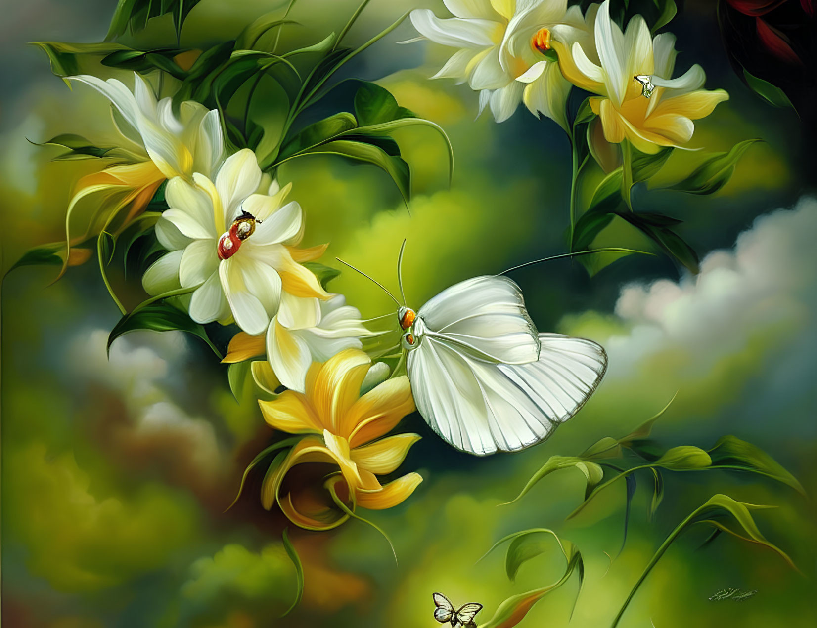 White Butterfly and Ladybugs on Yellow Lilies Digital Artwork