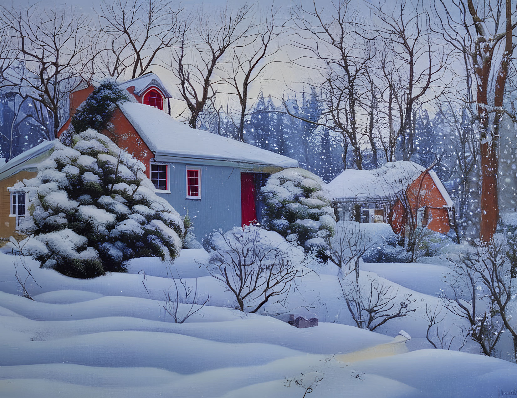 Snow-covered winter landscape with houses and snow-laden trees.