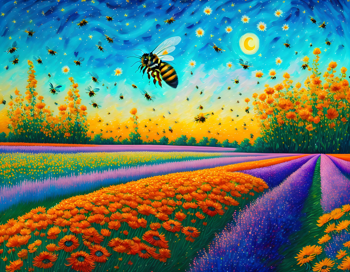 Colorful Flower Field Painting with Starry Sky and Bees