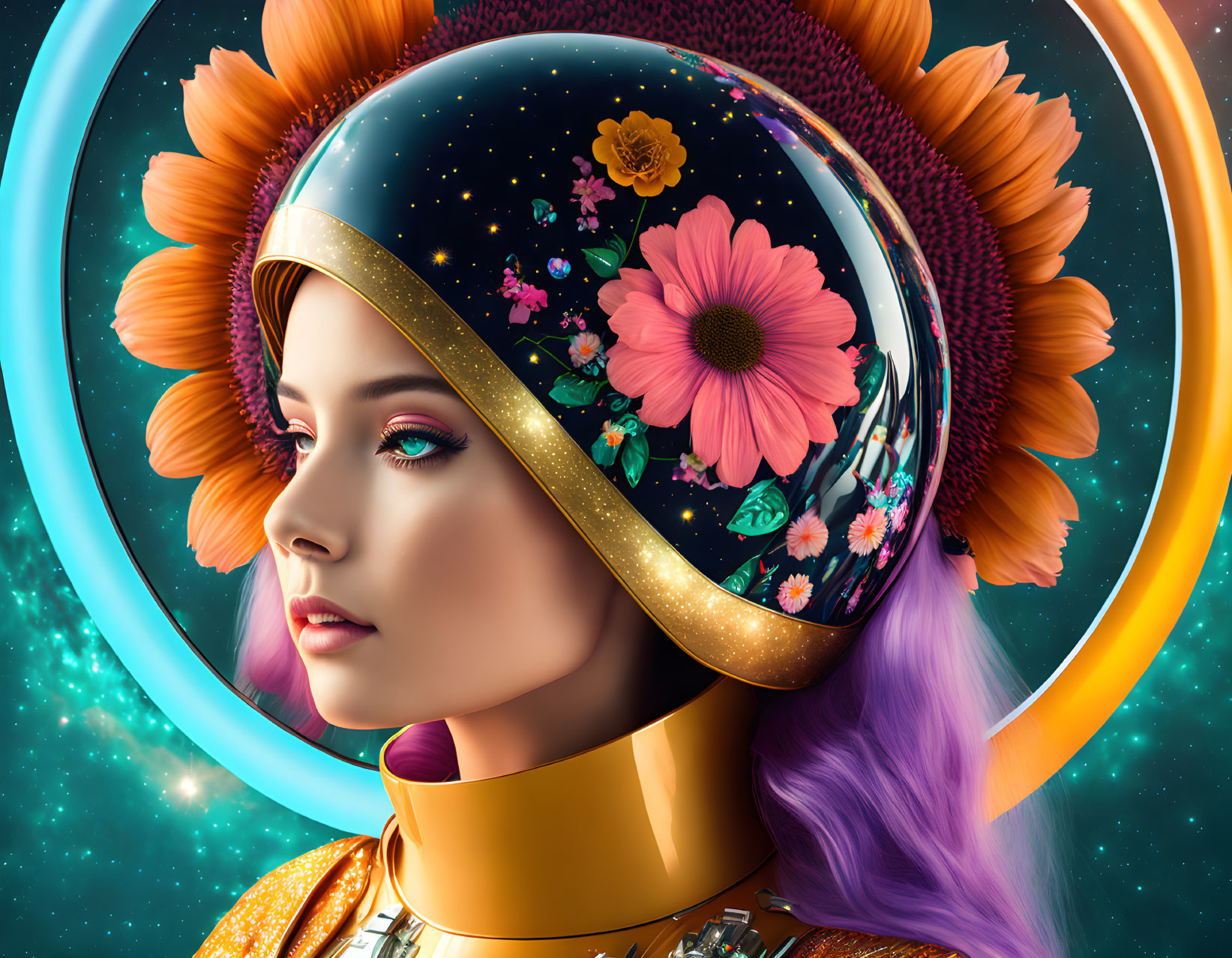 Woman in space helmet with vibrant flowers in cosmic setting.