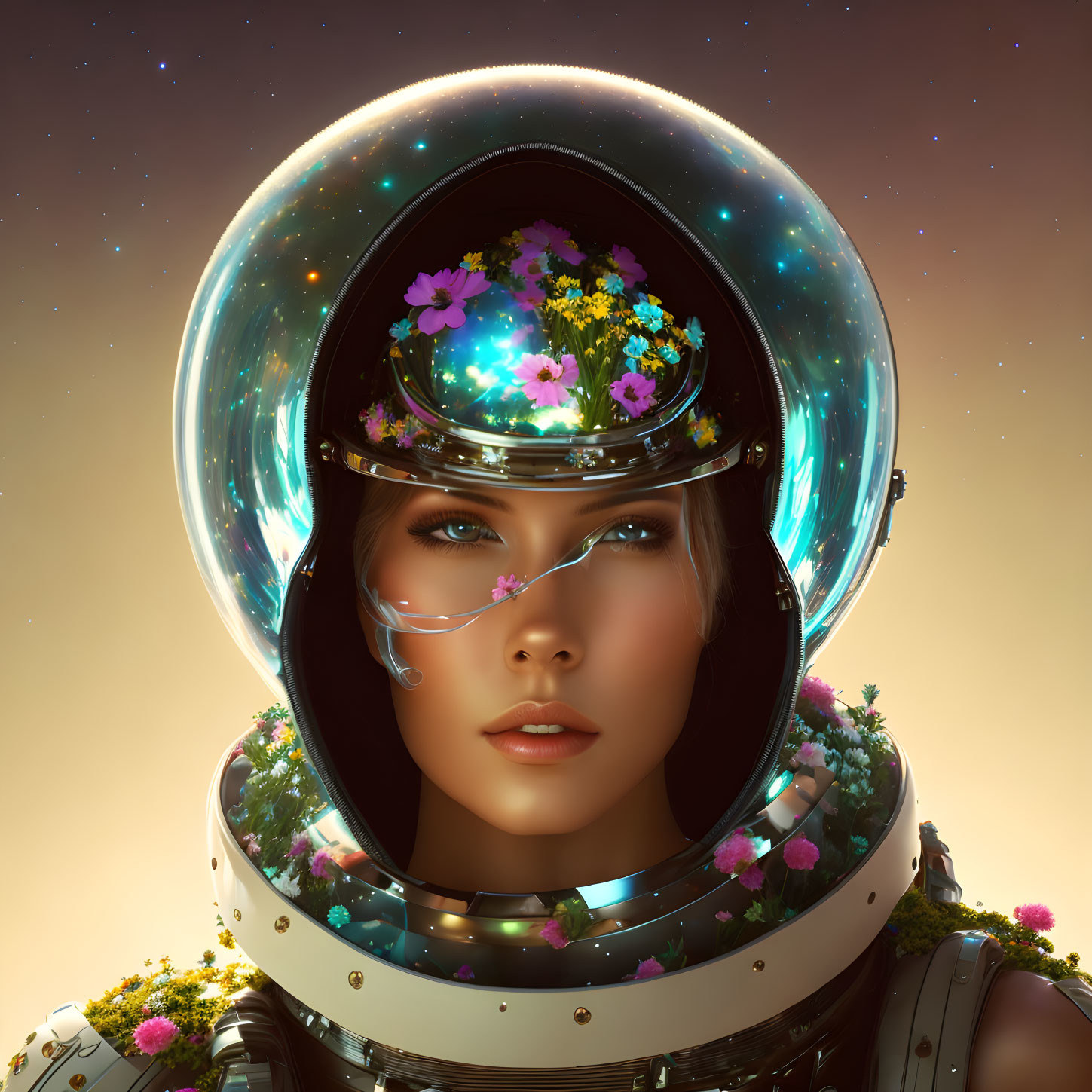 Futuristic woman in spacesuit with flower-filled helmet on starry backdrop