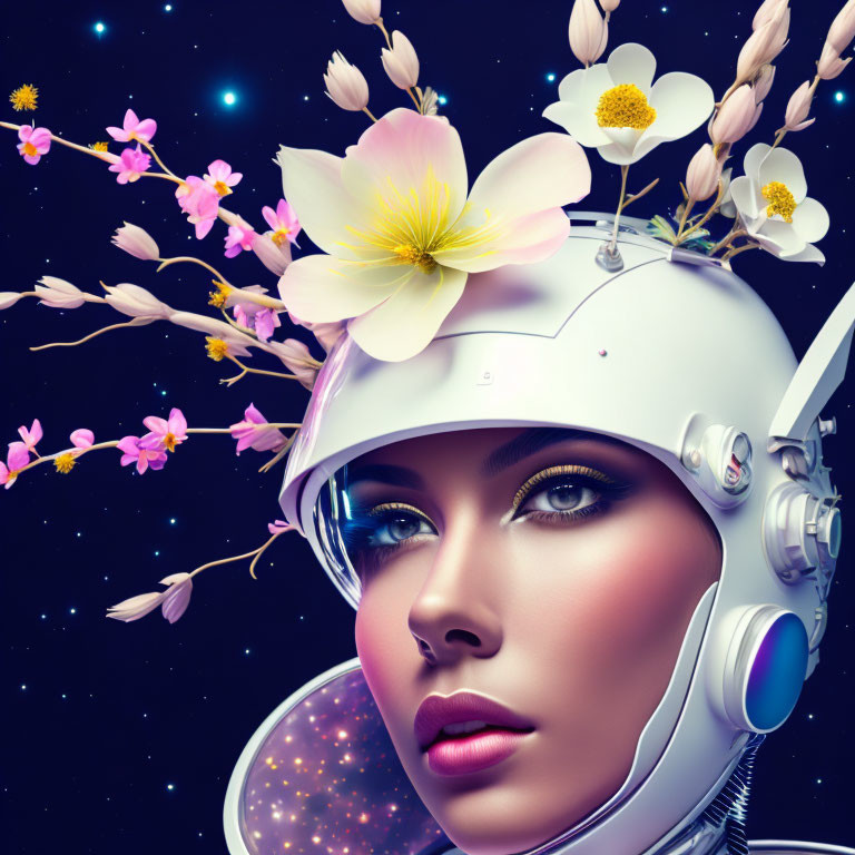 Digital artwork of female astronaut with floral helmet in starry space