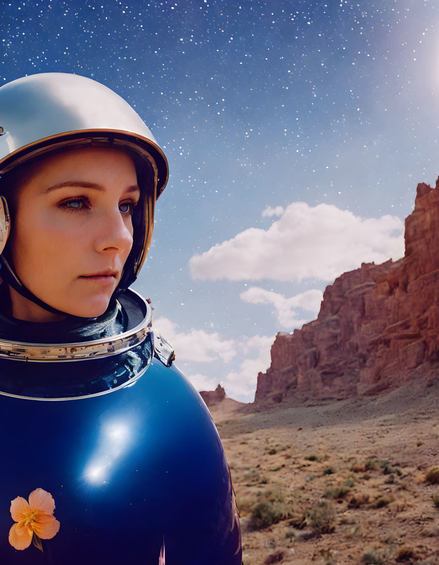 Astronaut in suit with flower gazes at desert landscape and starry sky