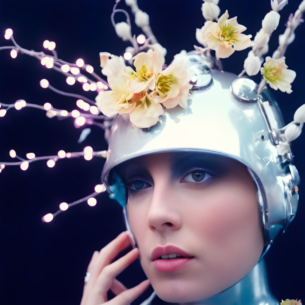 Metallic helmet with lighted branches and yellow flowers on person against dark background